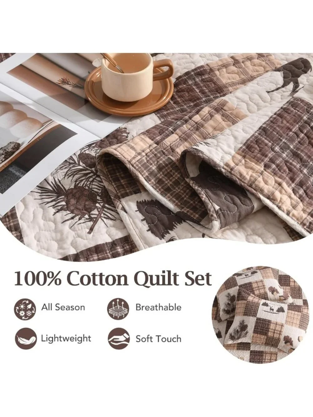 Lightweight 100% Cotton Queen Quilt Set - Deer & Plaid Design, 3 Pieces
